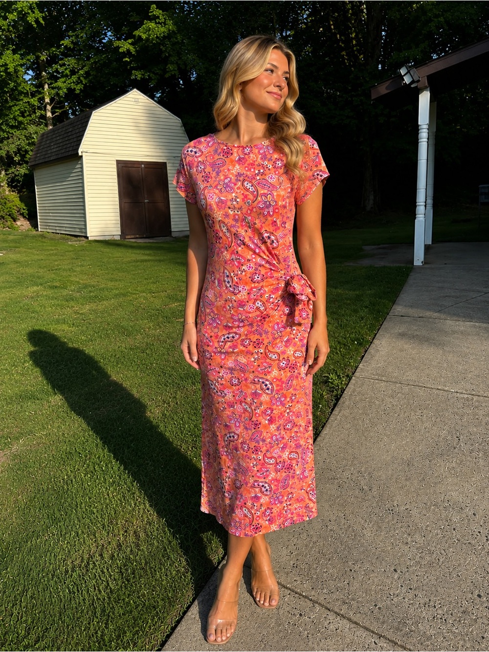 LOFT Orange Paisley Tie-Waist Midi Dress